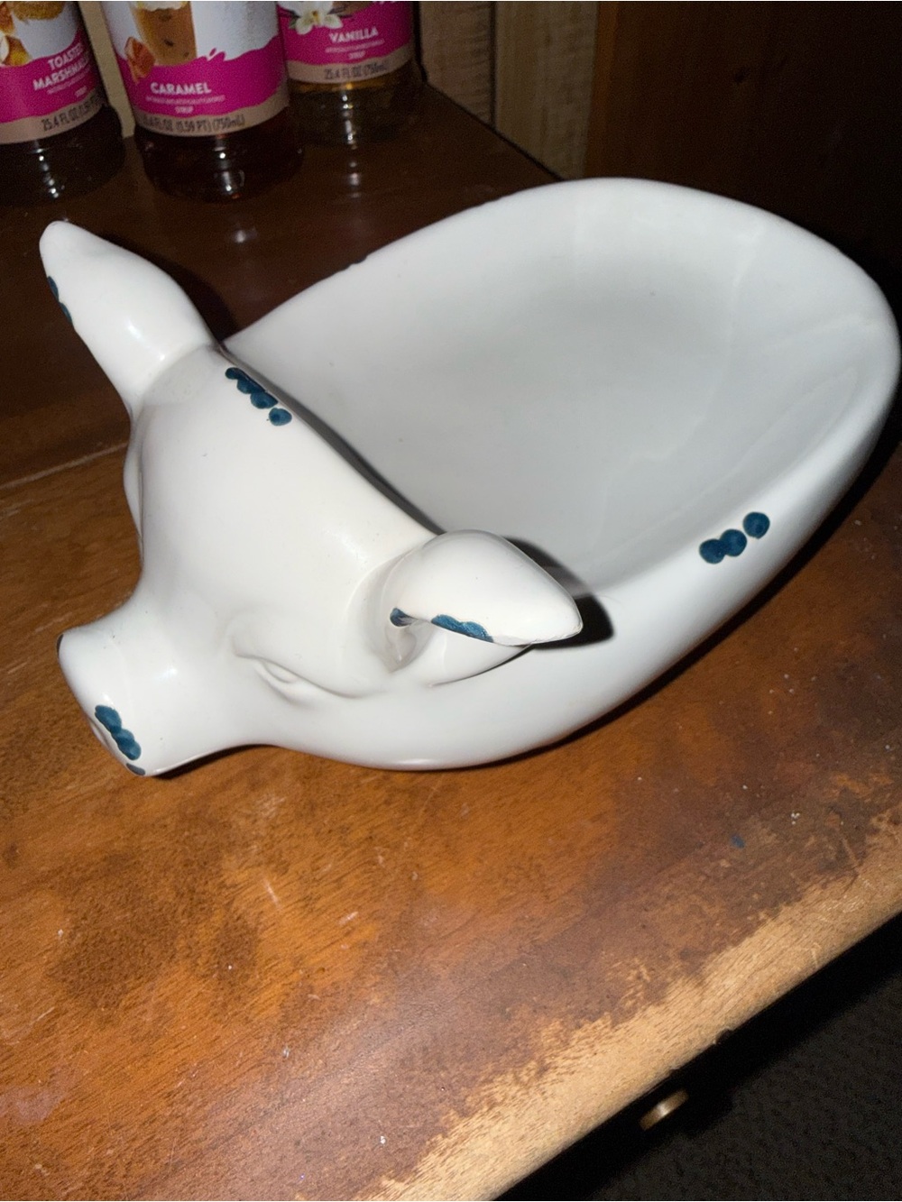 White Ceramic Pig Trinket Dish with Blue Accent -